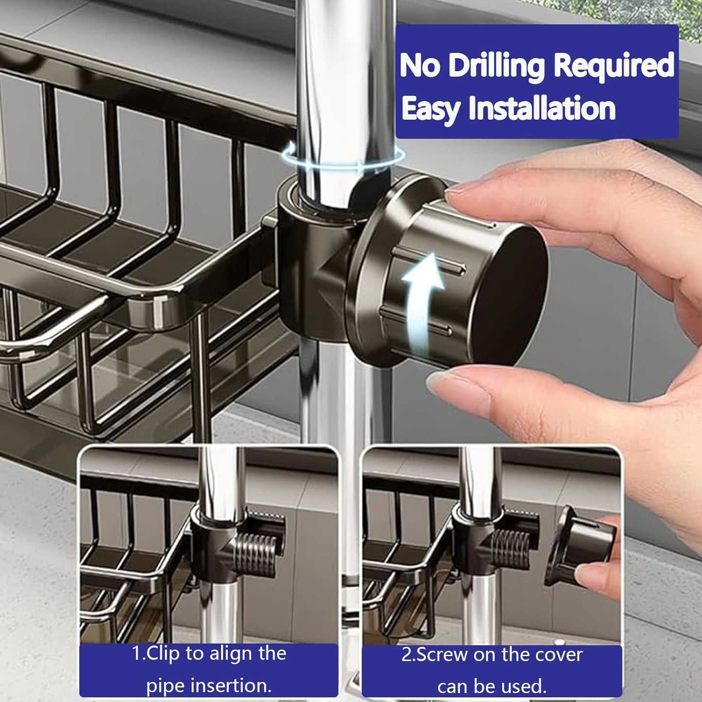 Kitchen Sink Faucet Organizer Multifunction Sponge Holder Organizer Sink Drain Holder Over Faucet Kitchen Sink Caddy with Hook Adjustable for 0.7-1.1inch Round Water Pipe (Black, S)