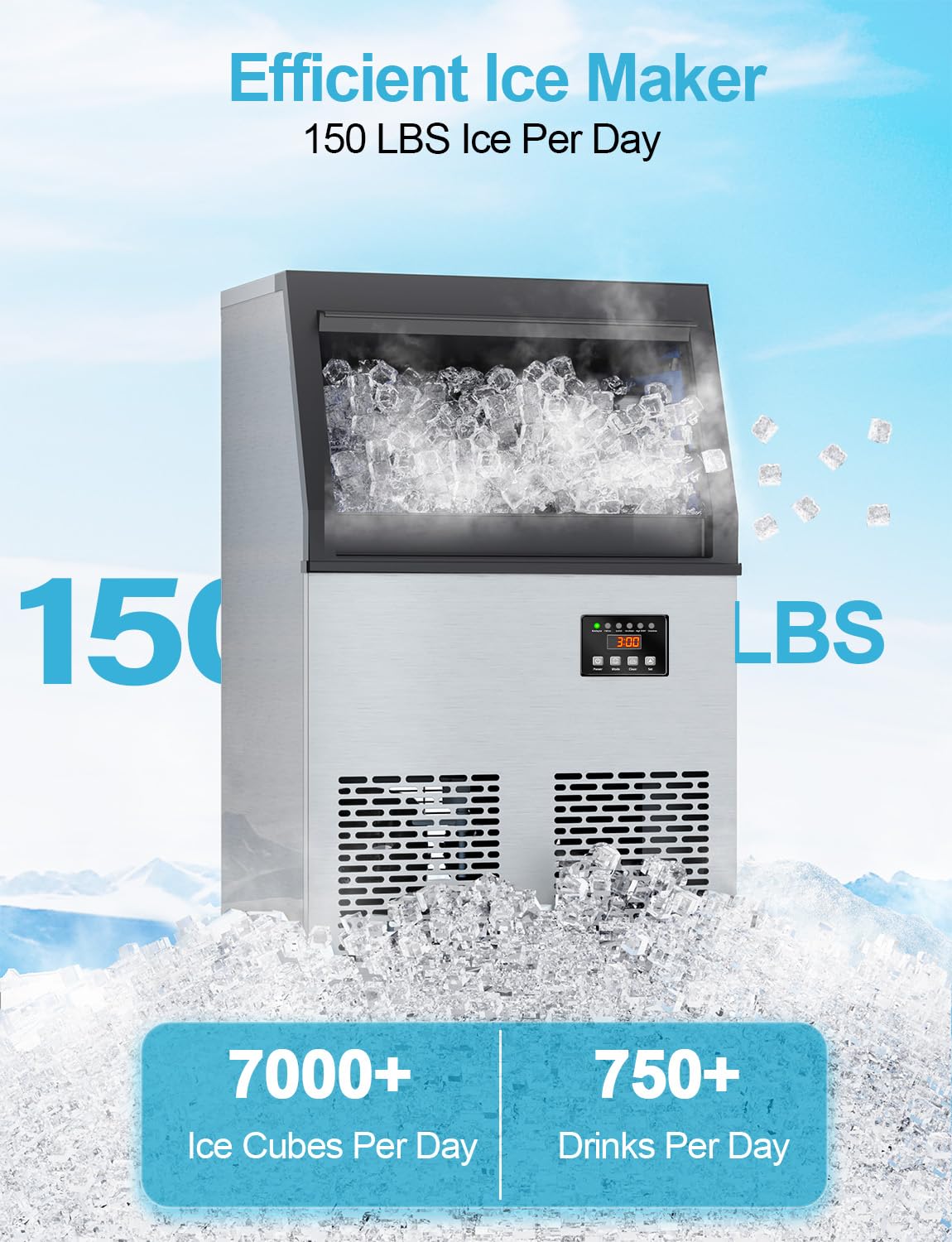 Commercial Ice Maker Machine, 150 lbs/24H, Under Counter Ice Machine, Stainless Steel Freestanding Ice Makers for Home Bar Restaurant Outdoor, Self-Cleaning, 45Pcs Ice Cubes 6Mins