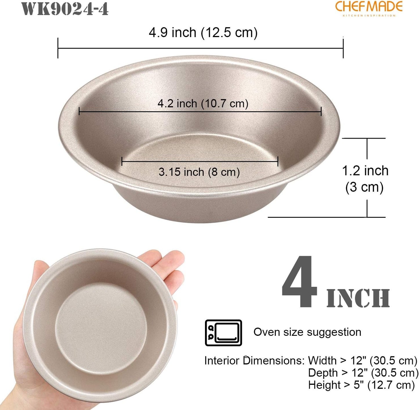 CHEFMADE Mini Pie Pan Set, 5-Inch 4Pcs Non-Stick Round Bread and Cake Bakeware for Oven and Instant Pot Baking (Champagne Gold)