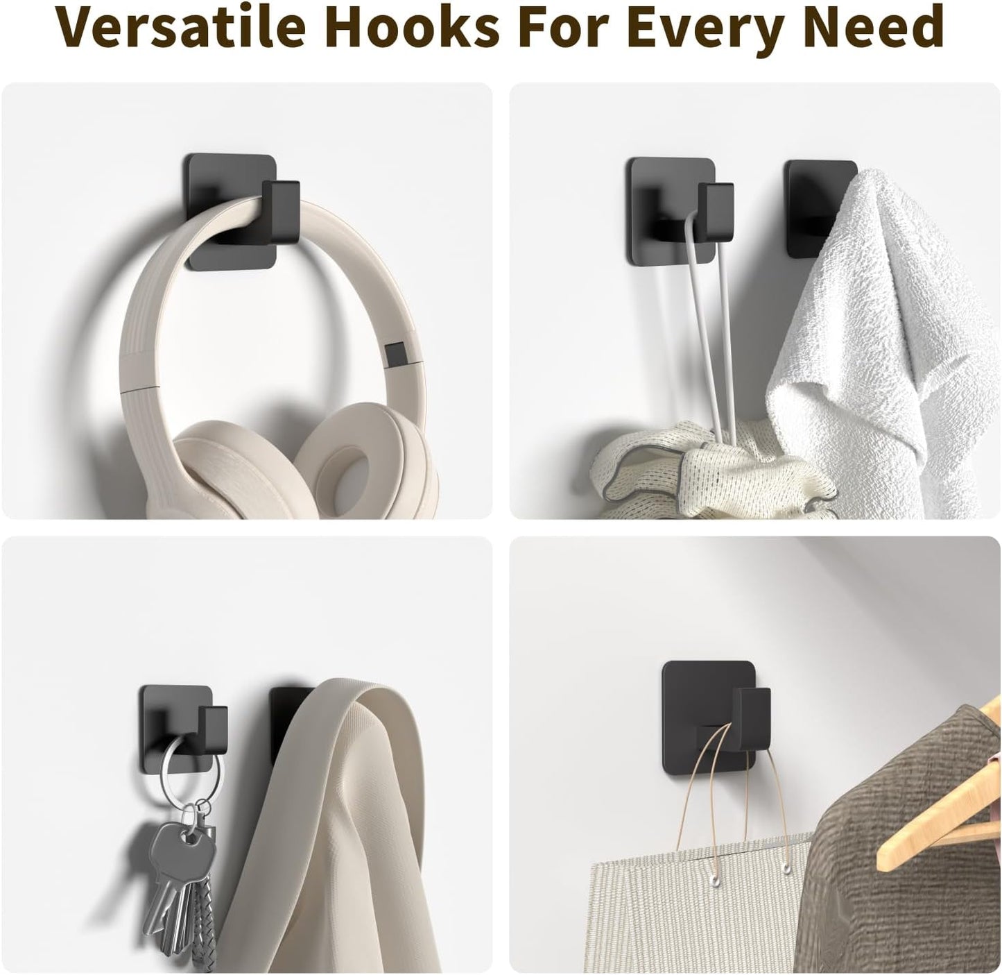 Square Self Adhesive Towel Hooks - 6 Pack Matte Black Metal Hooks, Right-Angle Design for Towels, Robes & Hats, Organize Bathroom, Kitchen, Entryway, Doors, Cabinets on Smooth Surfaces