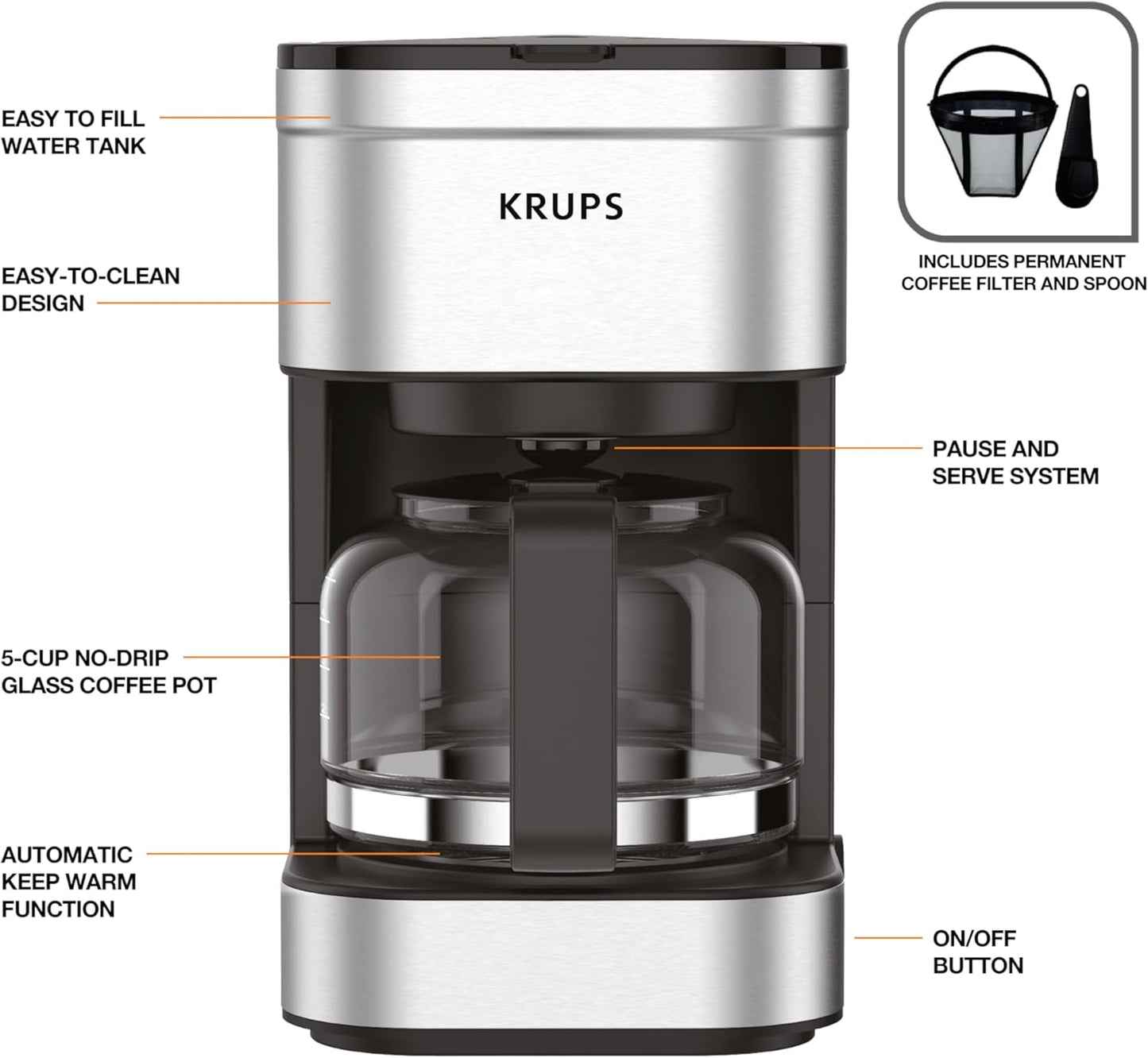 KRUPS Newer Model Drip Coffee Maker, Glass, Silver