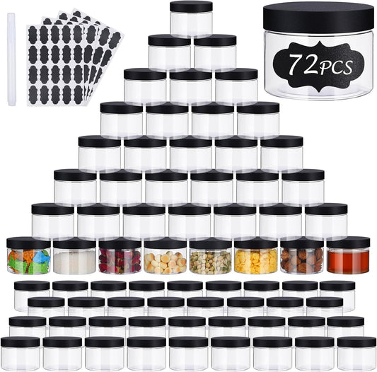 72 PCS 4 OZ Plastic Jars with Screw On Lids,Labels Refillable Empty Round Slime Cosmetics Containers for Storing Dry Food, Honey Jam, Cream, Butter, Lotion, black