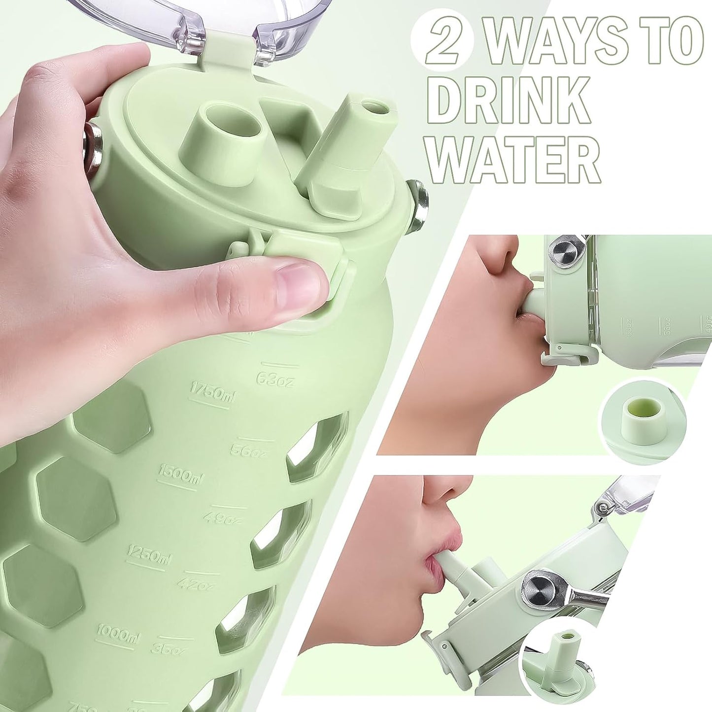 MUKOKO 64oz Glass Water Bottles with Straw and Lid,Half Gallon Water Bottle with Time Marker,Large Glass Water Jug with Silicone Sleeve and Stainless Steel Handle-Green