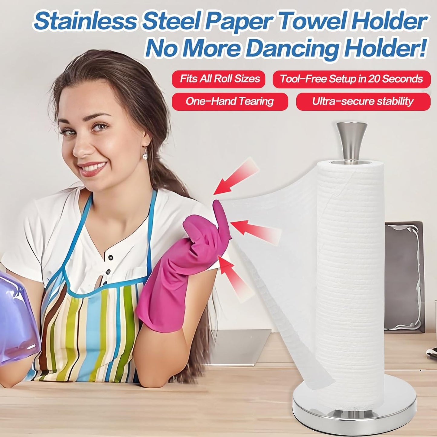Stainless Steel Paper Towel Holder – Heavy-Duty Base & Suction Cup, Non-Slip for Countertops, One-Hand Tear Design, Fits All Roll Sizes