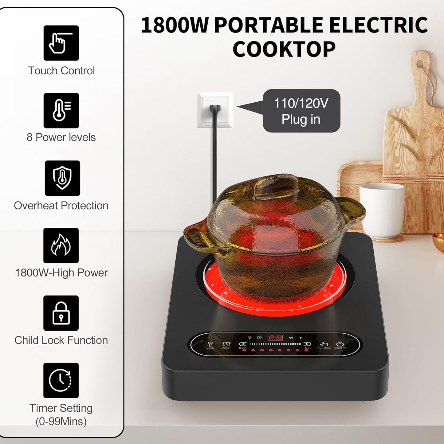Single Burner Electric Cooktop,110V 1800W Electric Stove Top with LED Touch Control,10 Power Levels, Timer, Safety Lock,Portable cooktop
