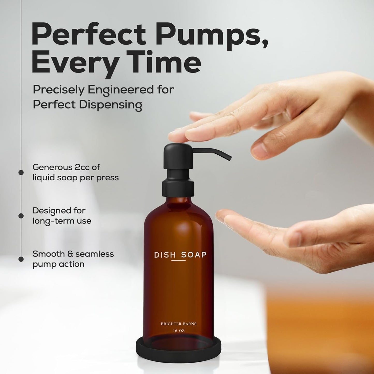 Amber Glass Dish Soap Dispenser for Kitchen Sink by Brighter Barns - Kitchen Soap Dispenser Set with Pump & Tray - Refillable Glass Bottle for Liquid - Modern Home Decor for Airbnb, Restaurant (Amber)