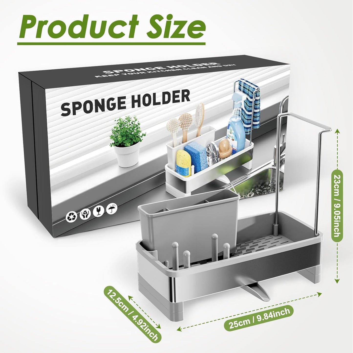 Stainless Steel Sink Caddy, Sponge Holder for Kitchen Sink with Brush Holder & Dishcloth Rack, Rustproof Sink Organizer Countertop, Soap Dispenser Kitchen Organizers Storage Essentials (Gray)