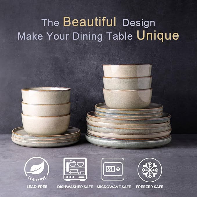 AmorArc Ceramic Dinnerware Sets,Round Reactive Glaze Stoneware Plates and Bowls Set,Highly Scratch Resistant | Dishwasher & Microwave Safe Dishes,Service for 6 (18pc)