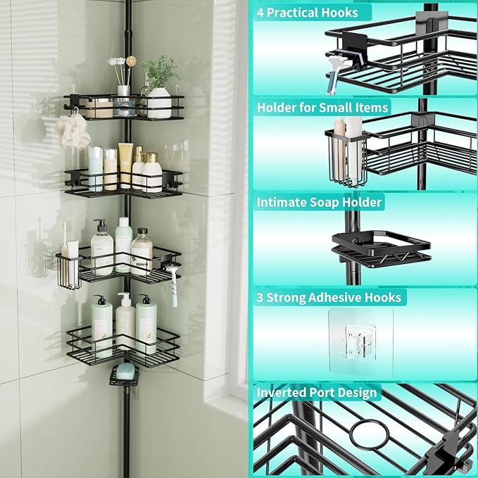 HapiRm Corner Shower Caddy Organizer - Shower Organizer Corner with Soap Holder, Toothbrush Holder and 4 Hooks, Rustproof Bathroom Shelf Tension Pole Available for 27.6 to 108.3 Inch - Black