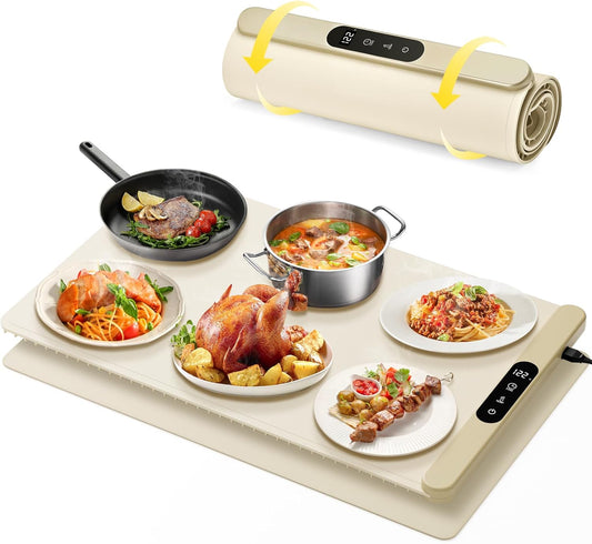 Upgrade Graphene Food Warming Mat, Fast Full Surface Heating Electric Warming Tray, Portable Rollable Food Warmer for Parties Buffet with 6 Temperature and Timer Settings, Gifts for Mom Wife