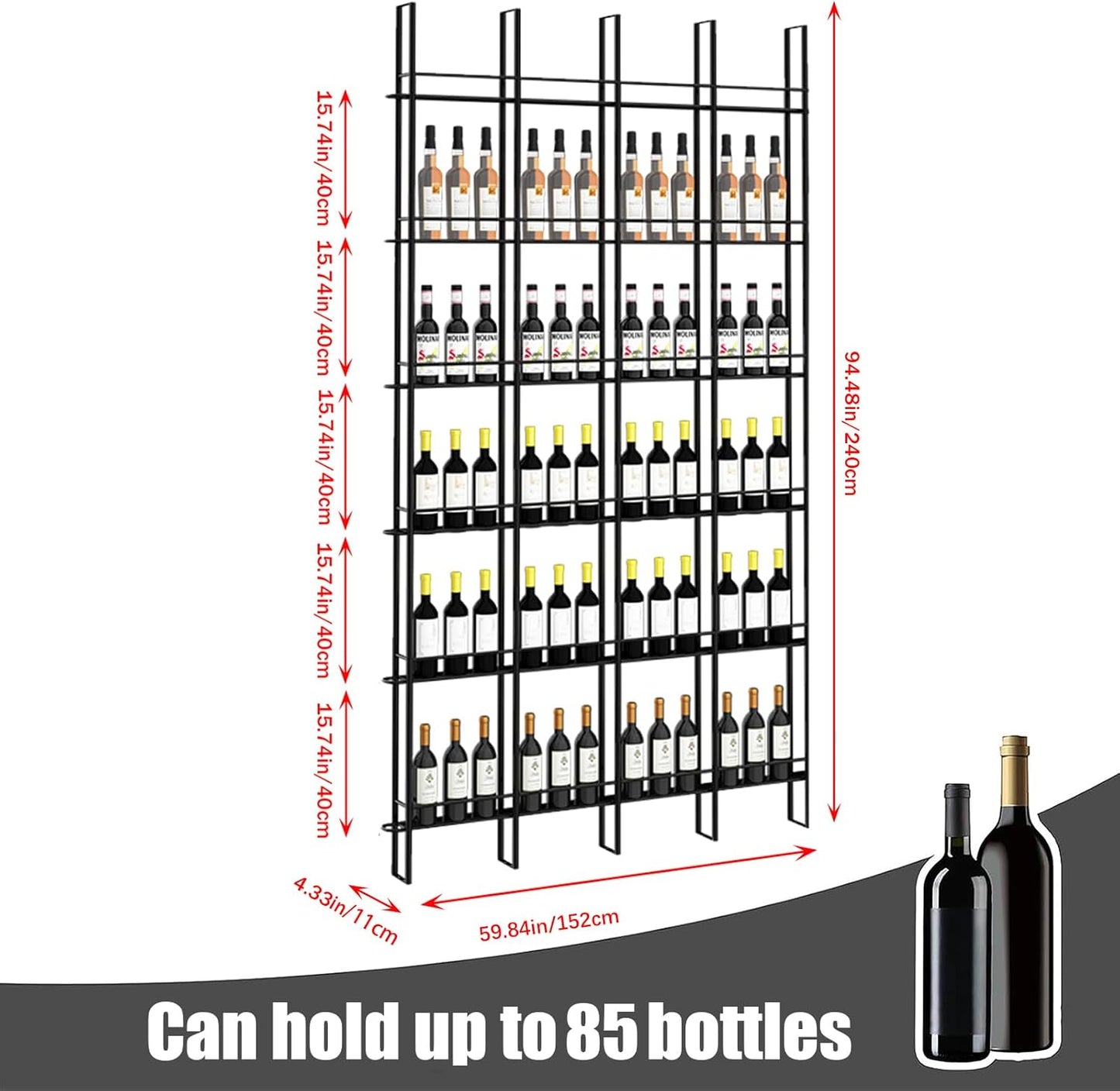 Wine Racks Wall Mounted, 6-Tier Wine Storage Holder, Black Industrial Bar Liquor Bottle Display Shelf, for Home Bar, Kitchen, Dining Rooms, & Wine Cellars (Black, 4 Column)