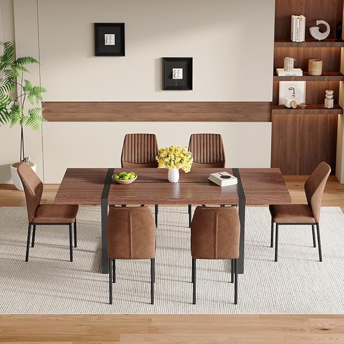 86.6" Dining Table Set for 6, Modern 7 Piece Wood Kitchen Table and Chairs Set, Rectangle Dining Room Table with 6 PU Leather Upholstered Chairs, Ideal for Apartment, Kitchen, Dining Room