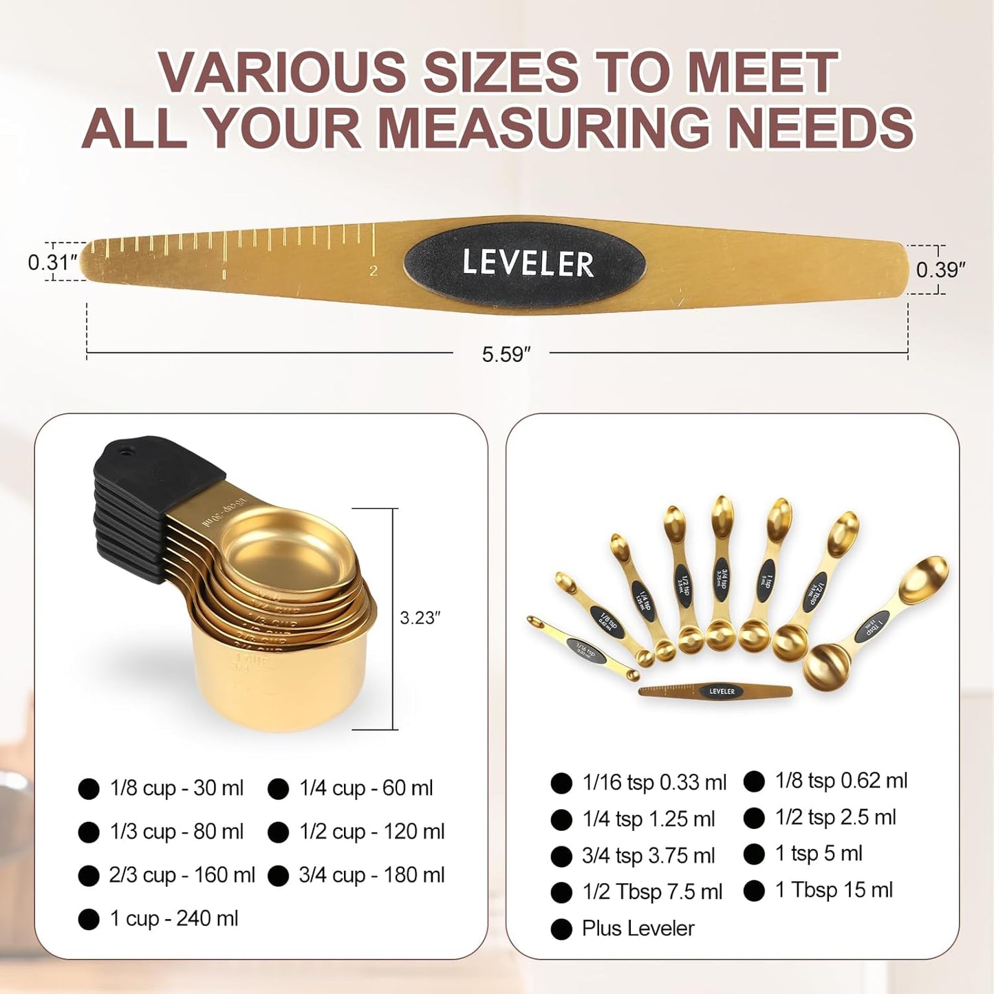 16-Piece Stainless Steel Measuring Cups and Spoons Set, Strong Magnetic Nesting Design 7 Cups 8 Spoons with Leveler, Double Measurement Markings for Dry & Liquid Ingredients, Gold