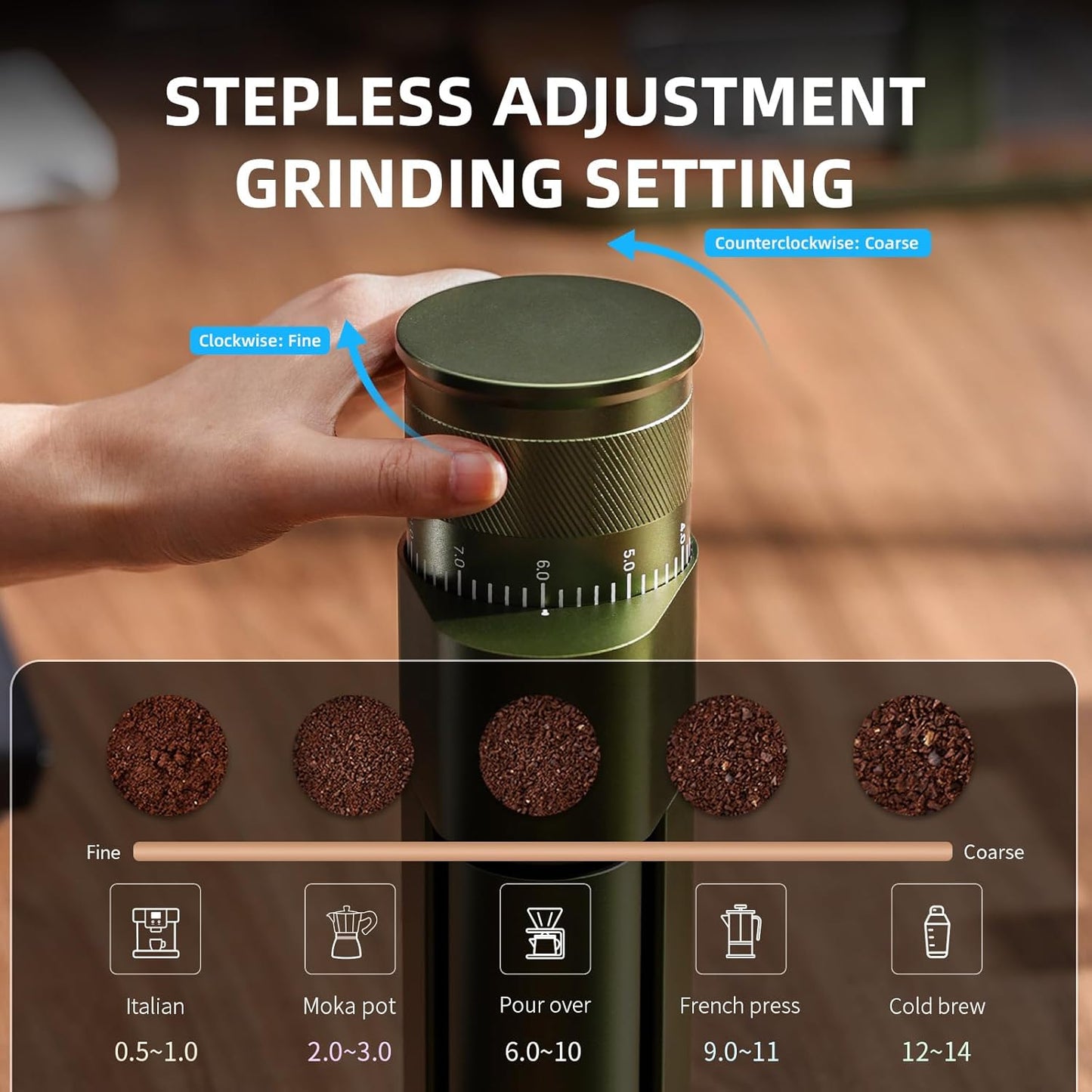 Bincoo DM09 Electric Coffee Grinder with CNC Steel Burr,Stepless Adjustable Settings Coffee Bean Grinder, Compact Design, Quiet Operation – For Espresso,Pour Over,French Press(Green)