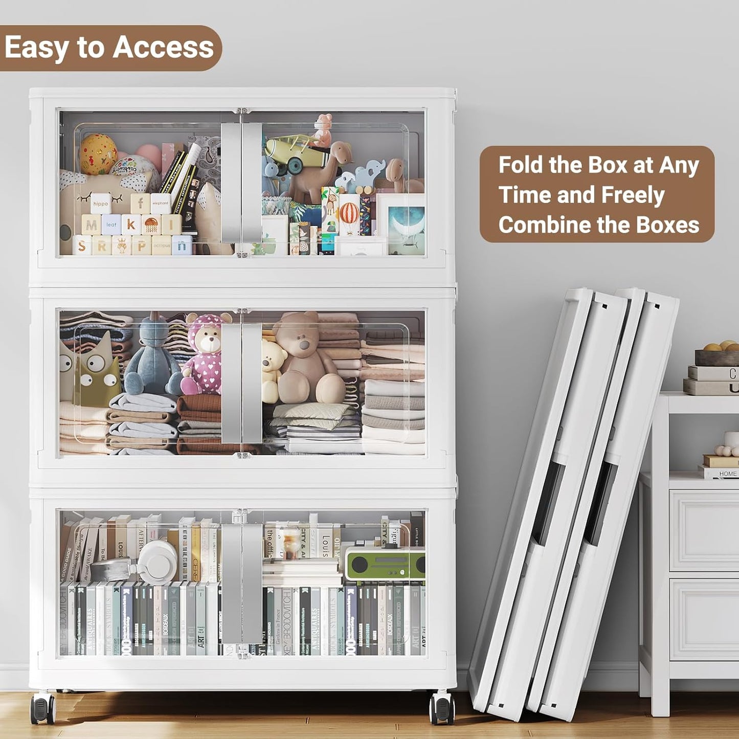 160QT Stackable Storage Bins with Lids, 40Gal Extra Large Collapsible Storage Box with Wheel, Plastic Storages with Clear Door Open Front for Home Bedroom Garage, White-1pack(1 lid)