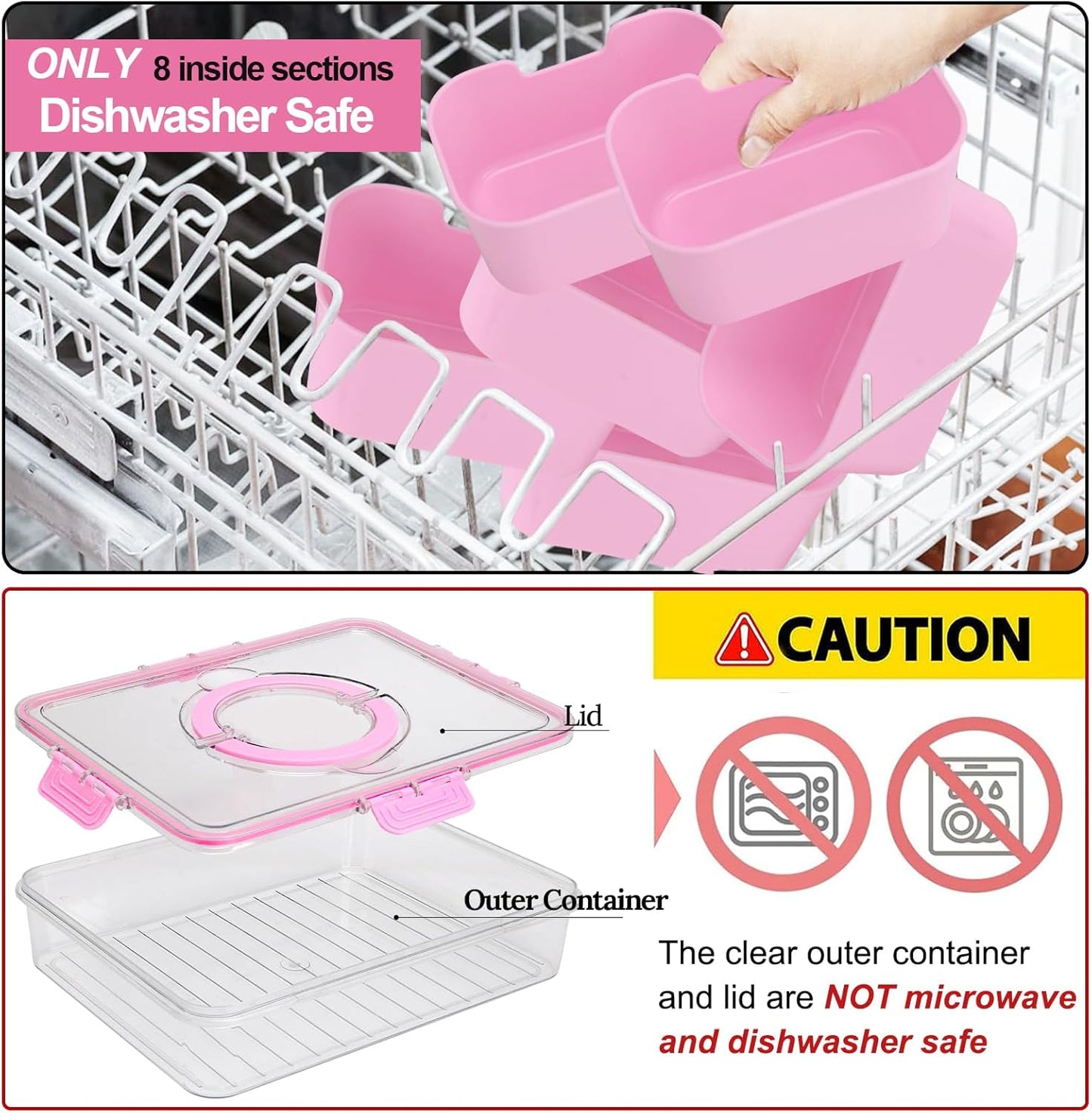 shopwithgreen Divided Serving Tray with Lid and Handle, Portable Snackle Box Charcuterie Container for Party, Veggies, Fruits, Nuts, Candy, Food Tray Platter Snack Box for Entertaining, Picnic, Pink