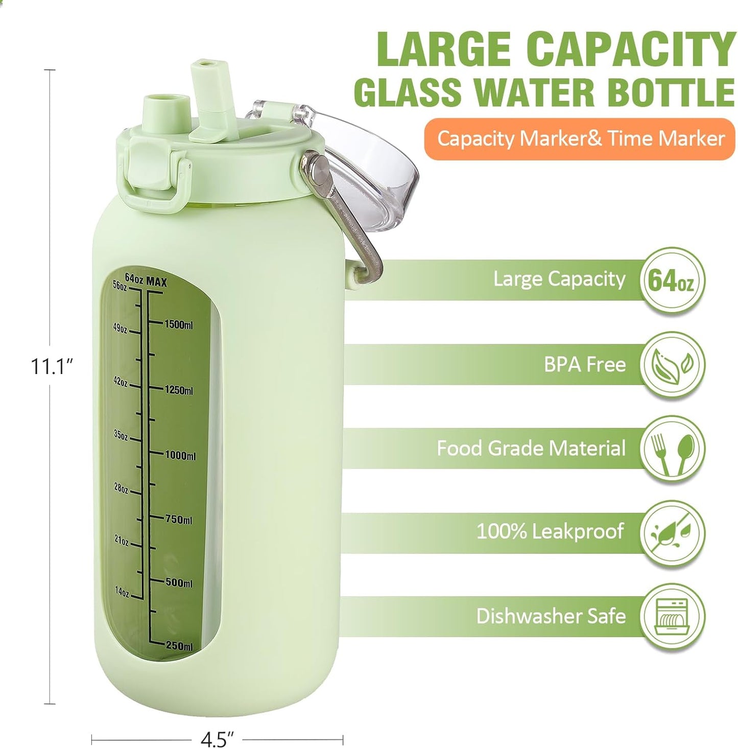 kytffu 64 oz Glass Water Bottle with Straw and Stainless Steel Handle, Half Gallon Water Bottle with Silicone Sleeve and Time Marker, 2L Large Glass Bottle for Gym, School, Travel, Leak-proof (Green)