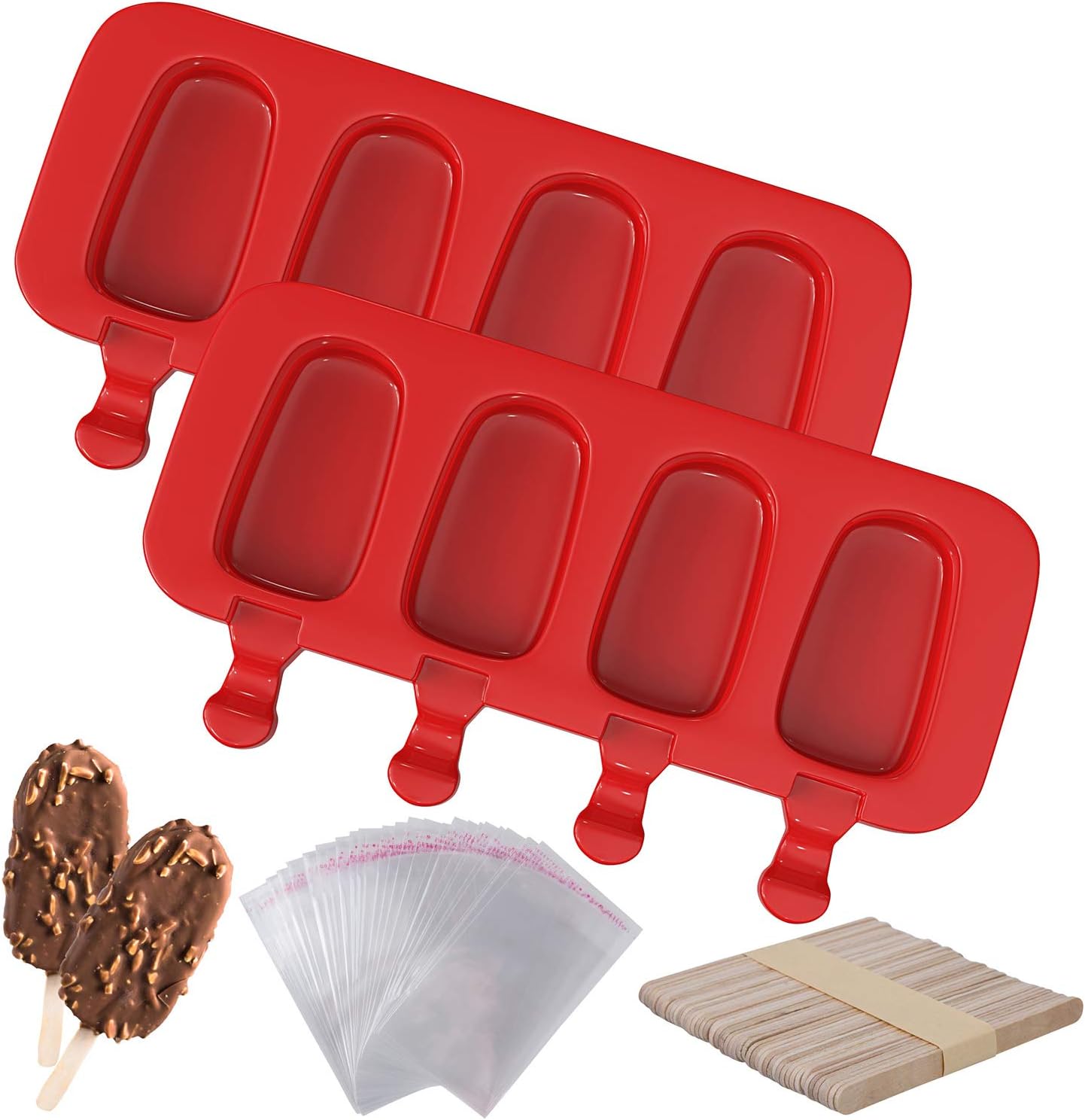Ozera 2 Pack Popsicles Molds, Homemade Cake Pop Molds Cakesicle Molds Silicone Popcical Molds, 4 Cavities Ice Pop Cream Molds Maker with 50 Wooden Sticks & 50 Popsicle Bags for DIY Popsicles