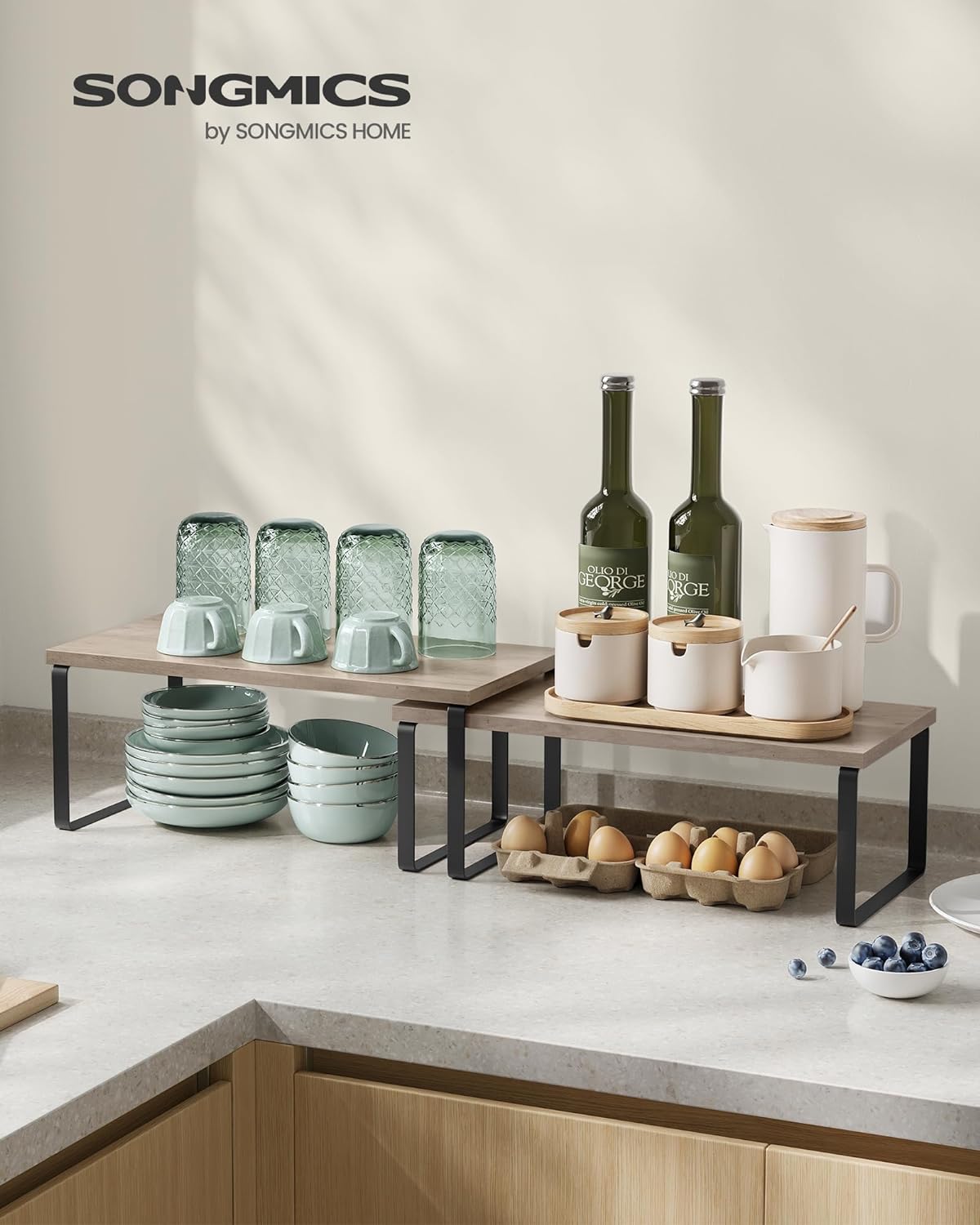 SONGMICS Cabinet Organizer Shelf, Set of 2 Kitchen Counter Shelves, Kitchen Storage, Spice Rack, Stackable, Expandable, Metal and Engineered Wood, Ink Black and Heather Greige UKCS200X02