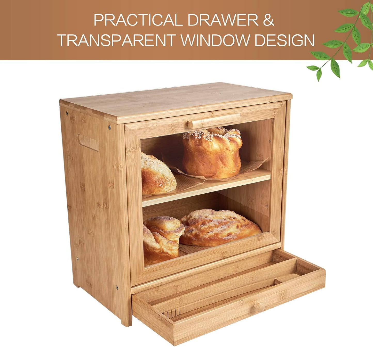 Large Bamboo Bread Box for Kitchen Countertop, Double Layer Bread Boxes for Kitchen Counter with Utensil Tray Drawer Organizer, Large Capacity Bread Storage Container