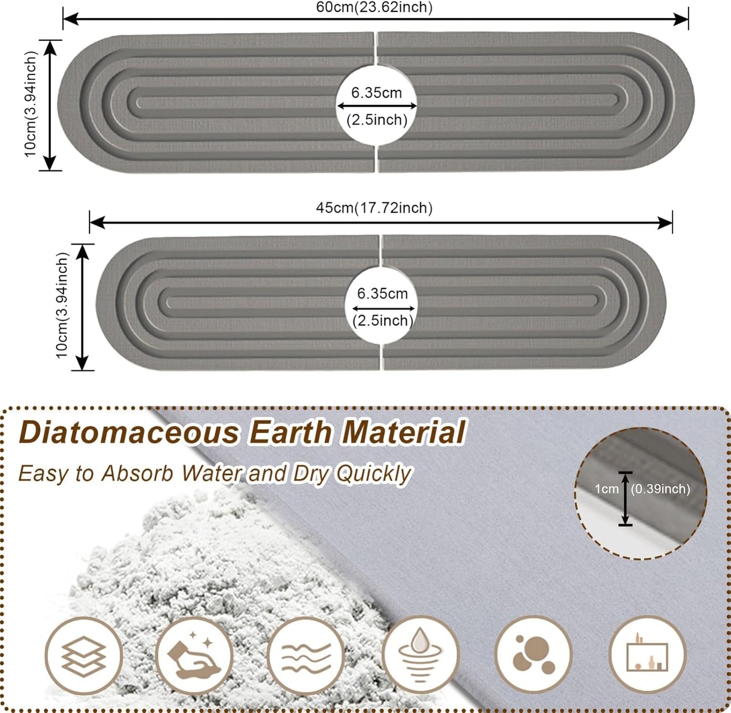 Faucet Mat for Kitchen Sink, Diatomite Super Absorbent Fast Drying Stone Sink Tray for Bathroom Kitchen Sink Splash Guard(Round Grey,17.7x3.9in)