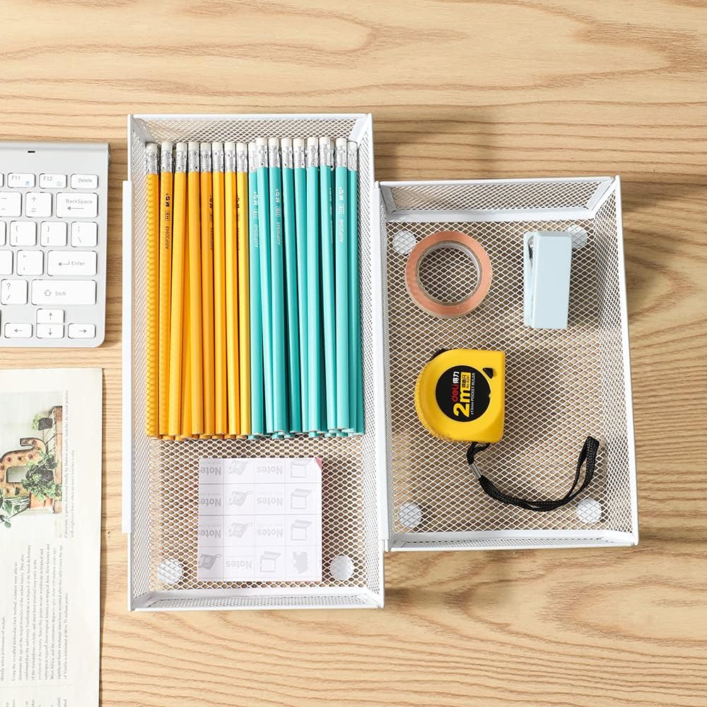 Mesh Tray Kitchen Drawer Utensil Cutlery Tray Office Supplies with Inter-locking Arm Drawer Dividers Organizer for Silverware, Flatware, Home,Office, School,Bedroom(9＂X6＂4pack) White