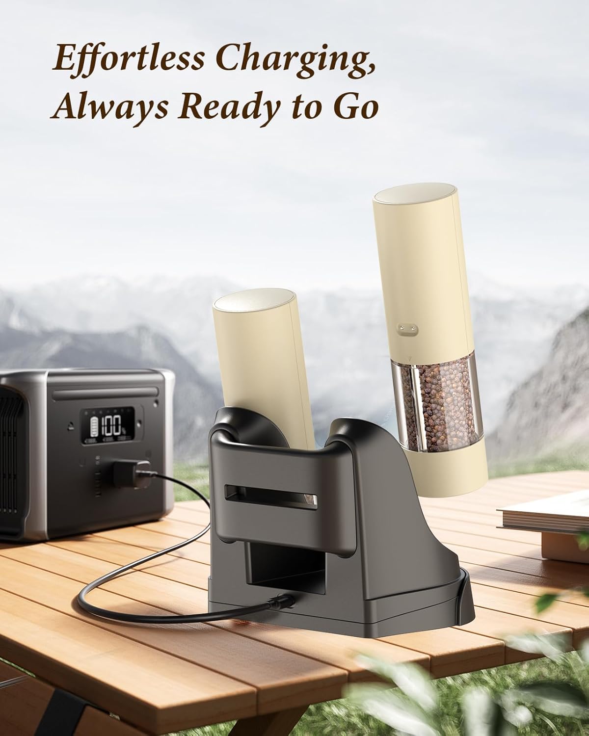 Electric Salt and Pepper Grinder Set - Automatic Refillable Salt and Pepper Grinders with Charging Base & LED Light, 6-Level Adjustable Coarseness with External Dial, Ideal Kitchen Gadget，Beige