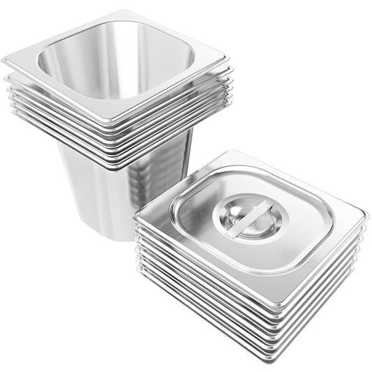 EGGKITPO1/6 Size 6 Inch Deep Stainless Steel Pans with Lid 6 Pack Steam Table Pan Commercial Hotel Pan for Salad Prep Table Metal Food Pans with Cover for Kitchen and High-volume Restaurant Supplies