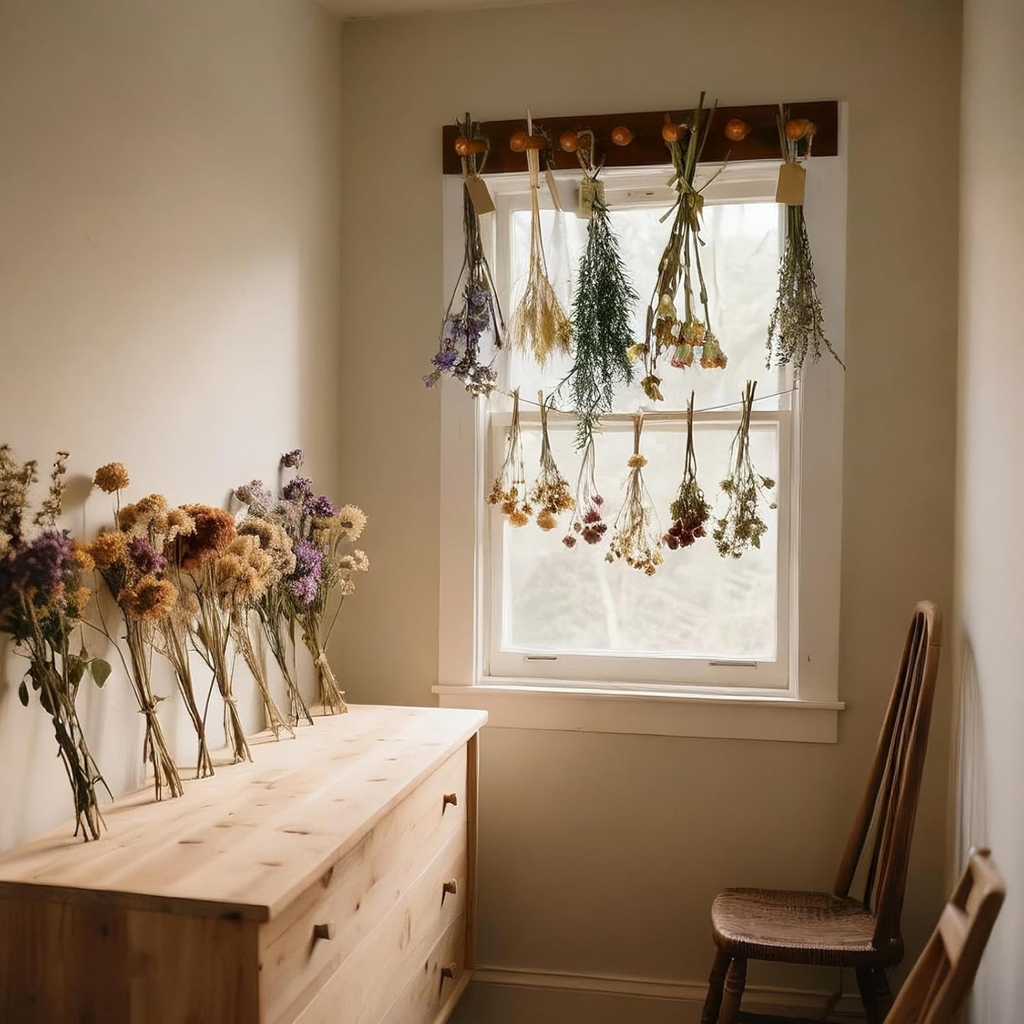 Rustic Hanging Herb Drying Rack–Space-Saving Design Holds 7 Bouquets,Fits Window,Door Kitchen Areas-Great for Kitchen Witches Herb Display-Unique Gift for Gardening Enthusiasts-Wall Art Décor