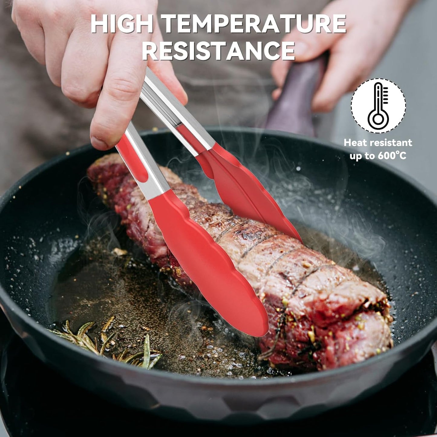 NileHome Tongs for Cooking, Professional Stainless Steel Cooking Tongs – Heat-Resistant for Grilling, BBQ, Serving Salad, Pasta, and Kitchen Use, Dishwasher Safe, Set of 7" 9" 12", Red