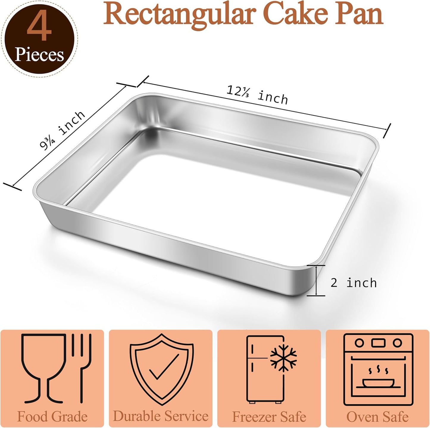 LIANYU 12⅓ x 9¾ x 2 Inch Cake Baking Pan Set of 4, Toaster Oven Pan for Brownies Lasagna Casseroles Cookie Meat, Stainless Steel Rectangle Bakeware Set, Heavy Duty & Mirror Polished, Dishwasher Safe