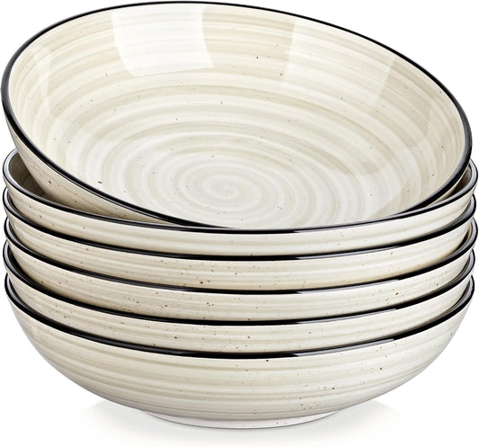 vancasso Bonbon Pasta Bowls Set of 6, 38 Oz Ceramic Salad Bowls, Wide and Shallow Bowls Set, Large Serving Bowls for Kitchen, Beige