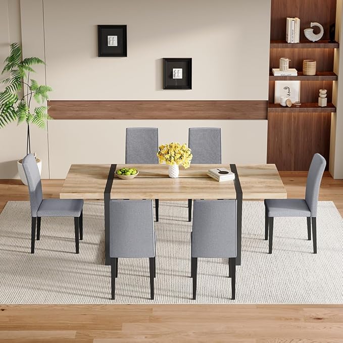 86.6" Dining Table Set for 6, Modern 7 Piece Wood Kitchen Table and Chairs Set, Rectangle Dining Room Table with 6 Linen Fabric Upholstered Chairs, Ideal for Apartment, Kitchen, Dining Room