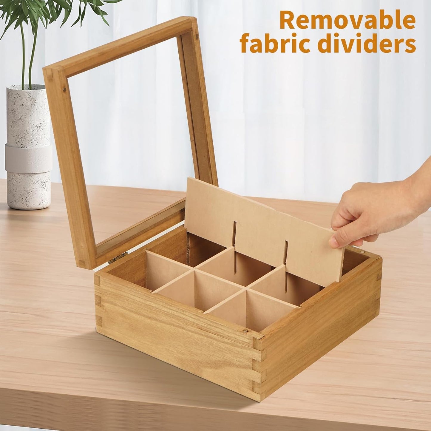 Wood Tea Bag Organizer, 6 Compartment Multi-Functional Tea Box and Storage Organizer for Tea Bags with Clear Acrylic Window