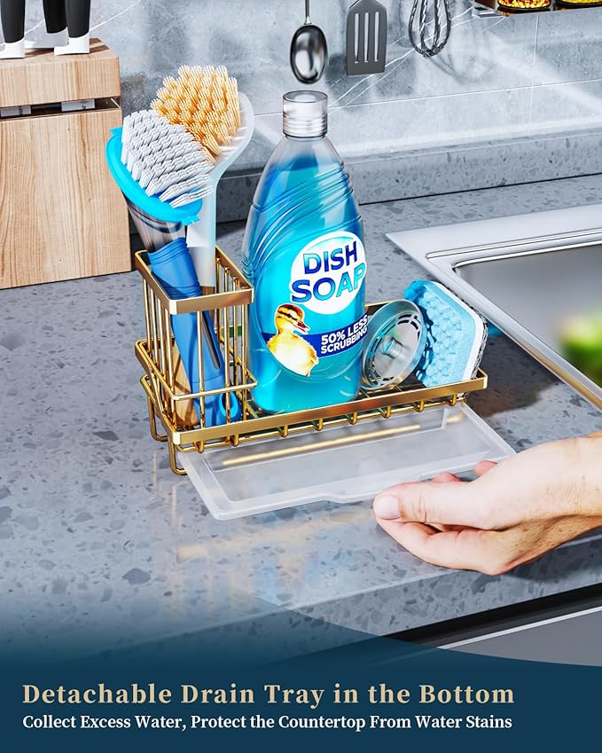 Consumest Sink Caddy, Kitchen Sponge Holder with Dish Brush Holder, Kitchen Sink Organizer with Drip Tray for Countertop, Stainless Steel Rustproof - Gold