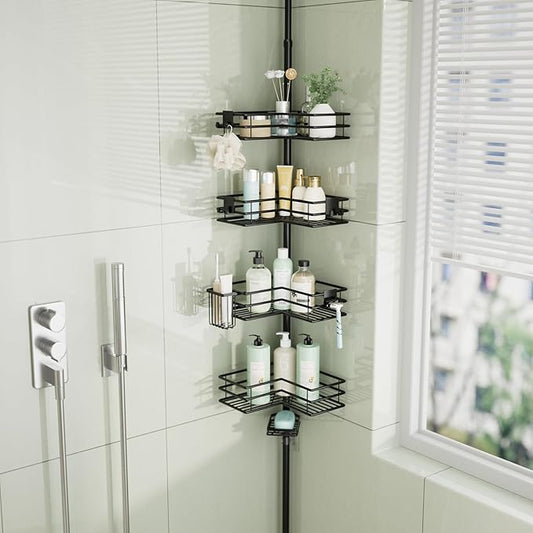HapiRm Corner Shower Caddy Organizer - Shower Organizer Corner with Soap Holder, Toothbrush Holder and 4 Hooks, Rustproof Bathroom Shelf Tension Pole Available for 27.6 to 108.3 Inch - Black