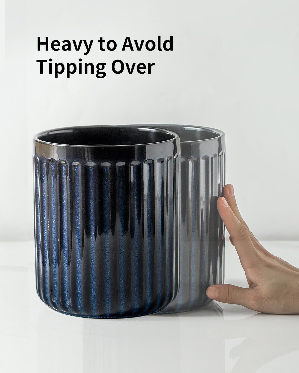 Hasense Cooking Utensil Holder, 7.3" + 5.7" - Large Utensil Crock for Farmhouse Kitchen Decor, Spatula Storage Organizer, Set of 2, Navy Blue