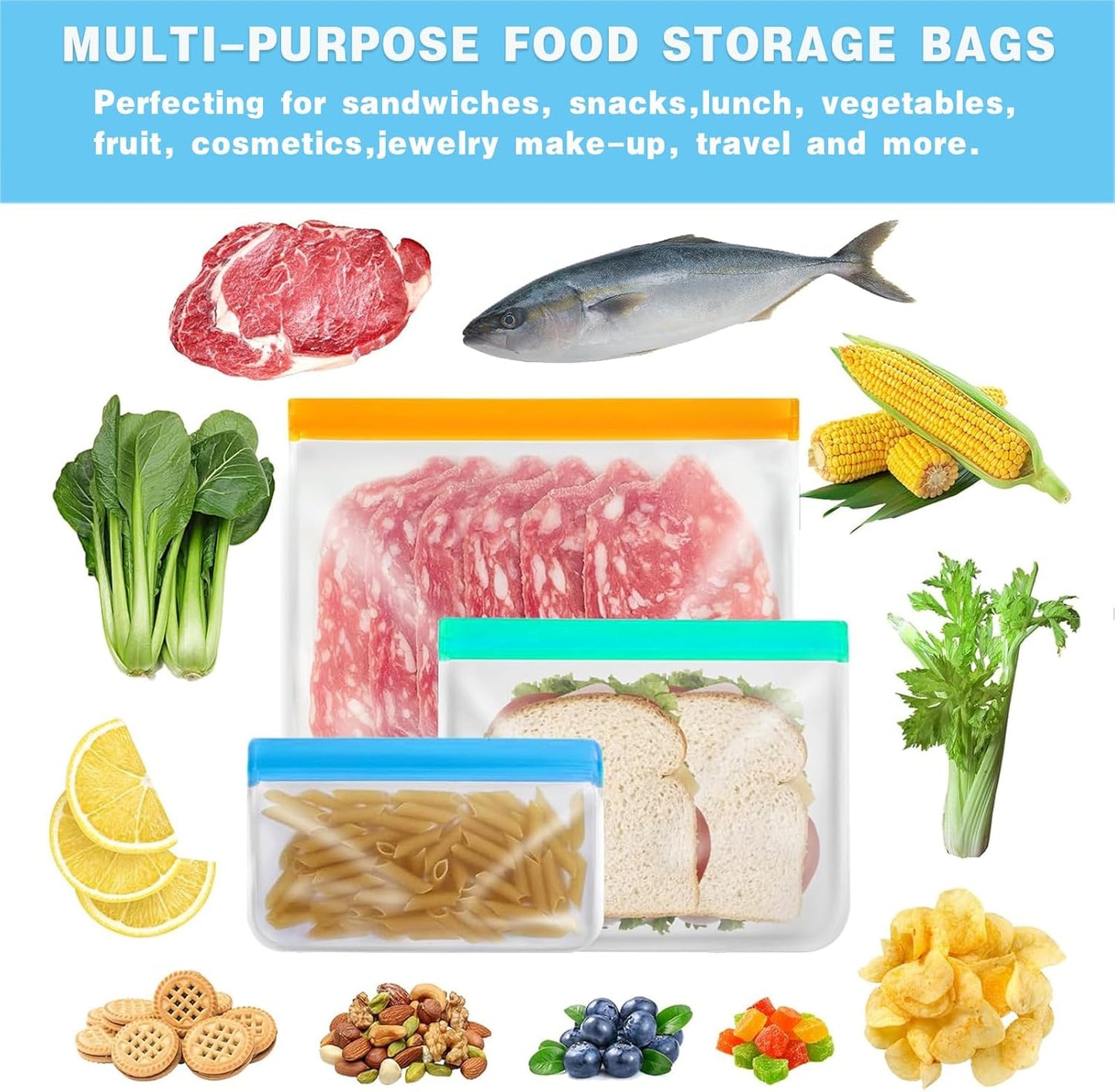 8 Pack Reusable Gallon Bags Dishwasher Safe, Silicone Leakproof Reusable Freezer Bags, BPA Free Reusable Food Storage Bags for Candy, Snack, Cereal, Travel Items, Home Organization（Blue）