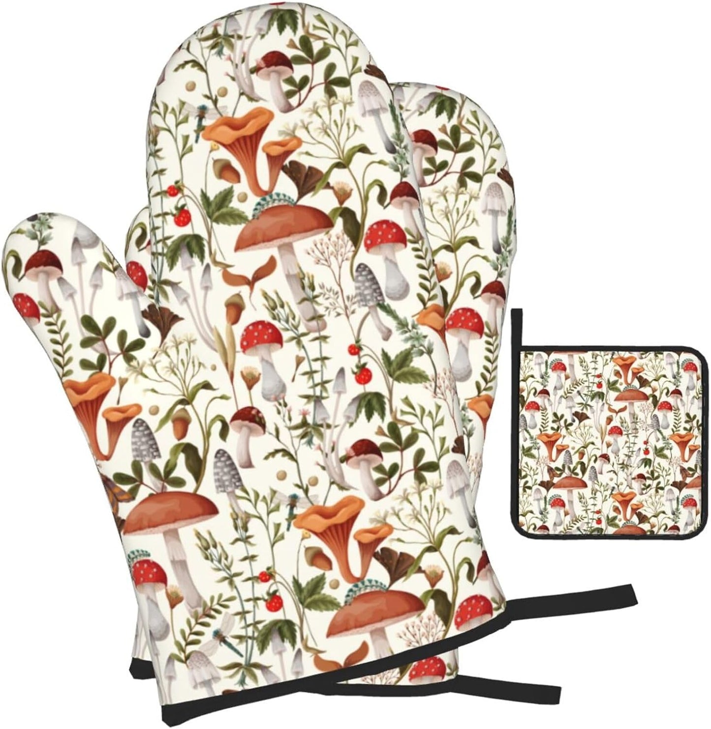 Boho Mushroom Decor Oven Mitts and Pot Holders Sets of 3 Hot Pads Cute Botanic Plant Beige Oven Gloves Heat Resistant Non Slip Washable for Kitchen Cooking Grilling Baking