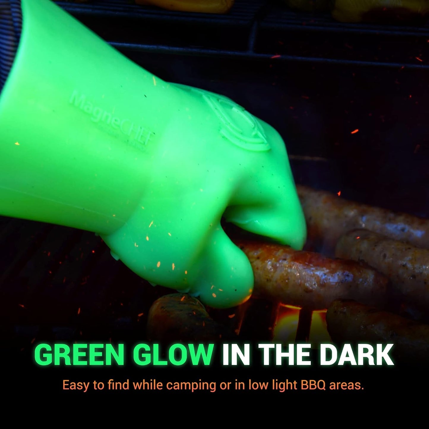 MagneCHEF Heat Resistant Silicone BBQ Gloves- Ergonomic Web fit Allows for Firm Grip- Patented Magnet Safety Clip Allows for Rapid Release of one or Both Hands- Grip Waves for Pulling Pork (Green)