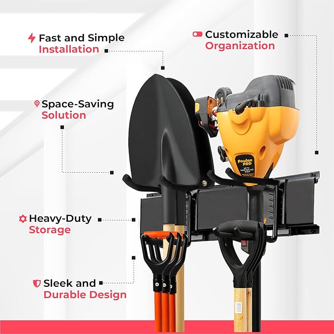 Garage Wall Organizer | 80" Heavy-Duty Tool Storage Rack | Adjustable Double-Layer Hooks | 500 lbs Capacity | Carbon Steel Wall Mount Holder for Shovels, Rakes, Ladders & Power Tools