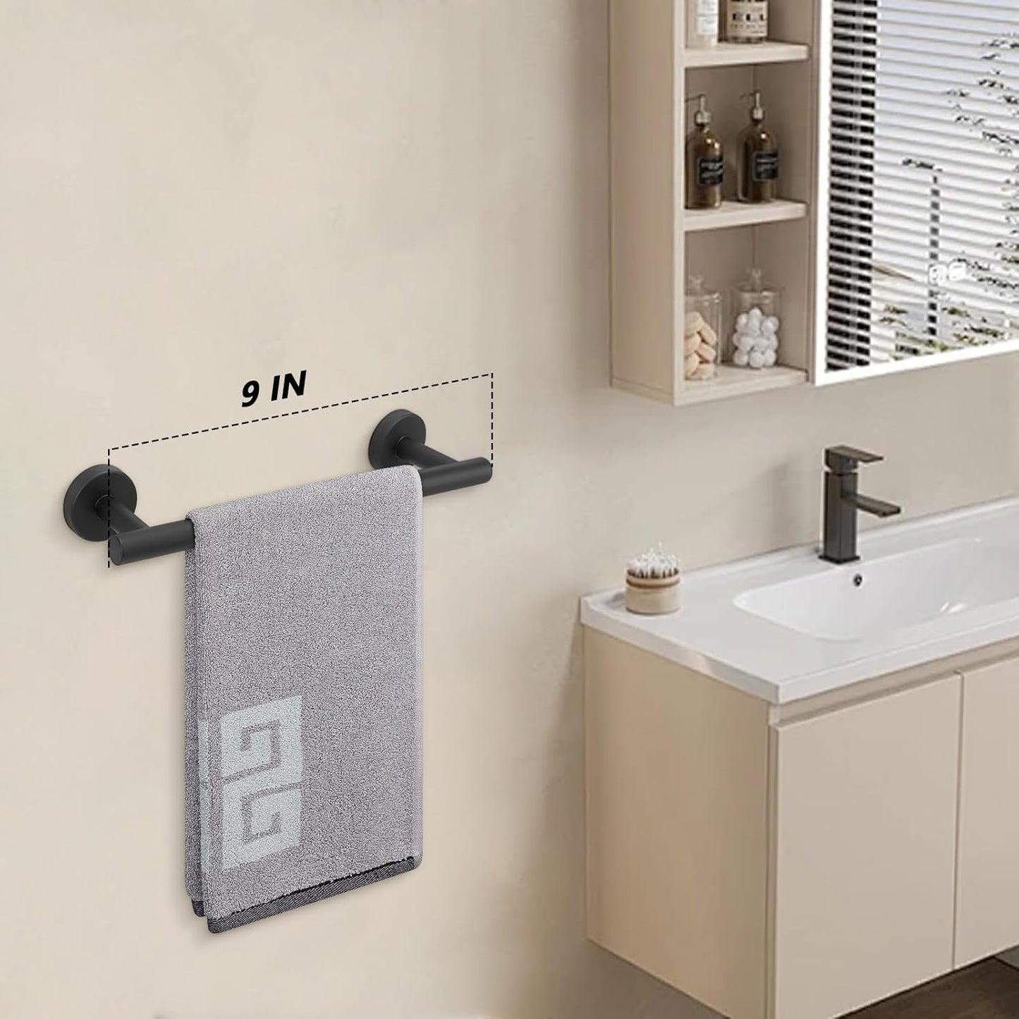 NearMoon Bathroom Towel Bar, Bath Accessories Thicken Stainless Steel Shower Towel Rack for Bathroom, Towel Holder Wall Mounted (1 Pack, Matte Black, 9 Inch)