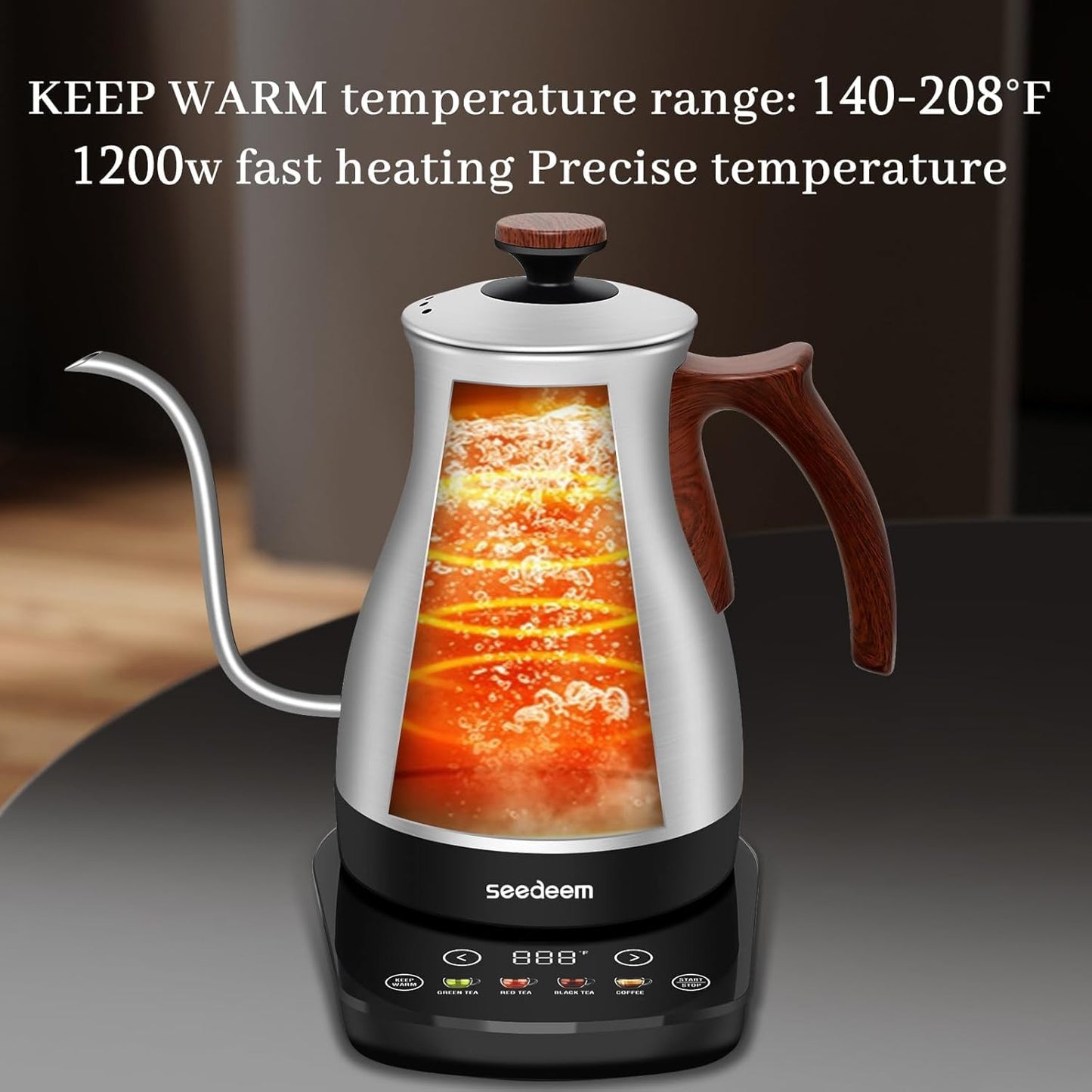 SEEDEEM Gooseneck Electric Kettle, 1L 1200W Touch Screen Pour-Over Kettle with 4 Heating Modes, ±1℉ Temp Control, Keep Warm Function, for Tea & Coffee, Silver