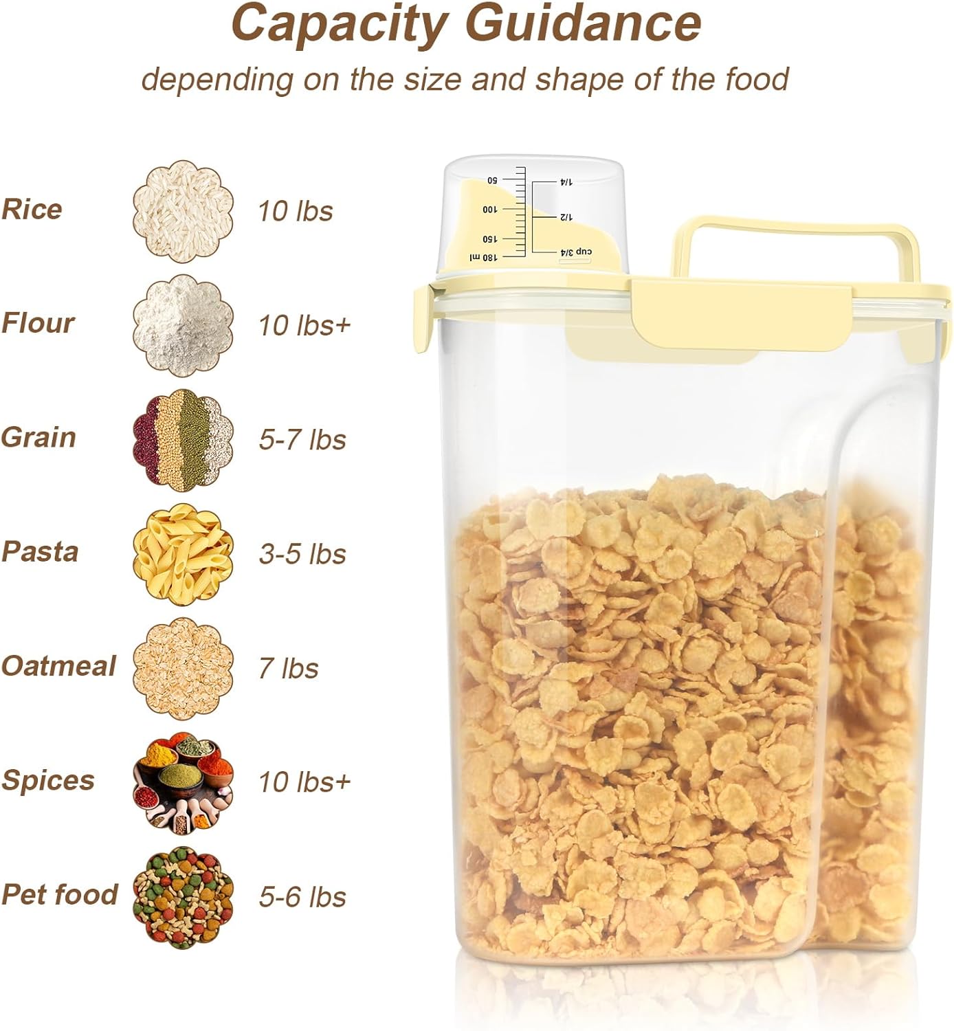 Rice Storage Container, Cereal Containers Storage, Dry Food Airtight Dispenser BPA Free, Clear Plastic Kitchen and Pantry Organization Bin (1, Egg yolk, 5.28Qt)