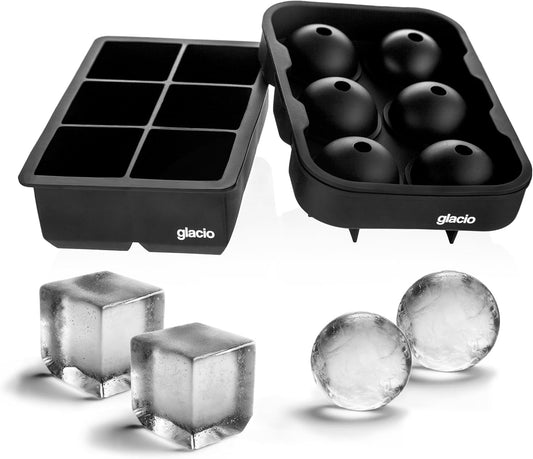 glacio Silicone Ice Cube Trays – Large Silicone Molds for 2-Inch Ice Cubes and Spheres Whiskey Ice Cube Trays with Lids for Cocktails & Bourbon – Set of 2