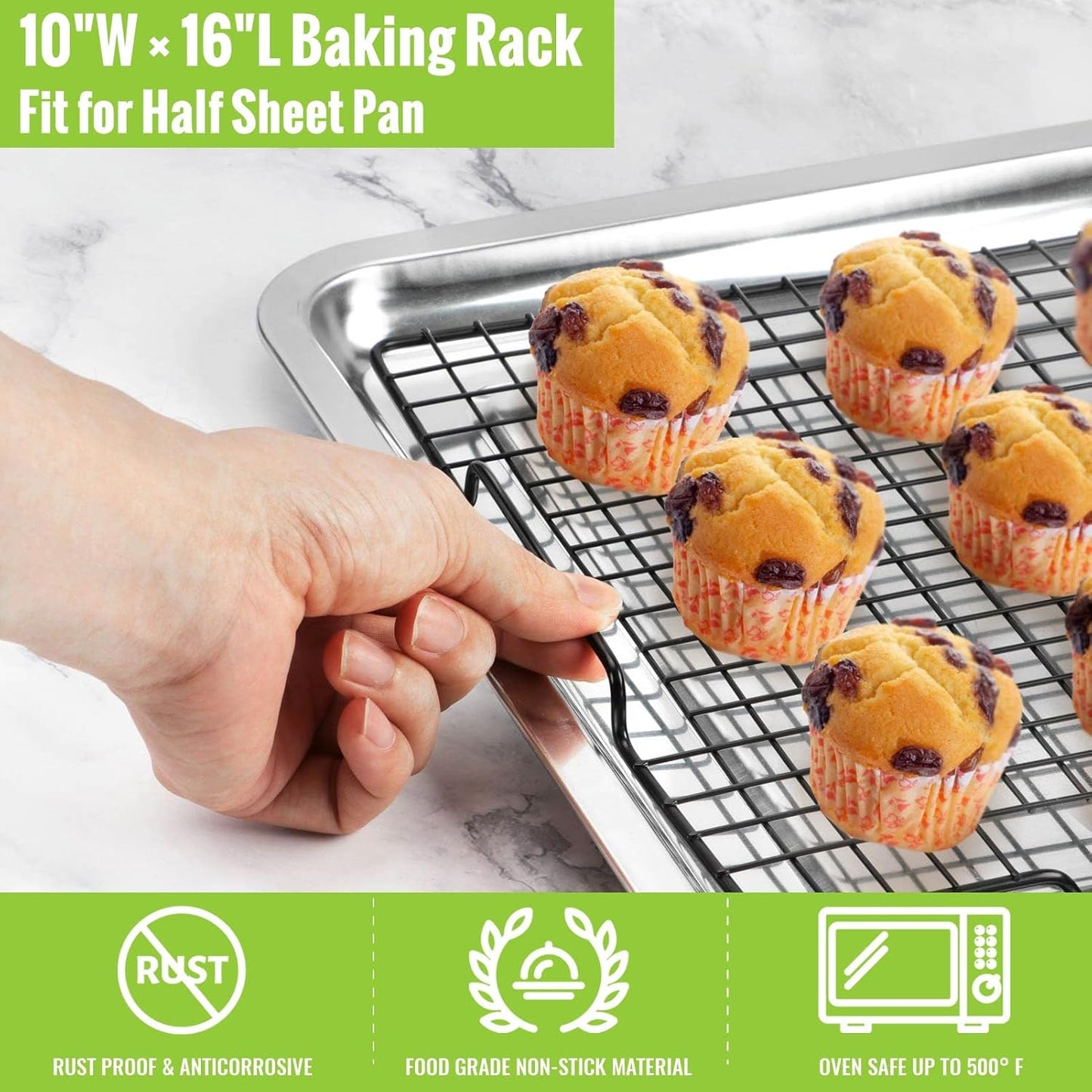 HULISEN 4 Pack Cooling Racks - 16" x 10", Nonstick Wire Baking Rack with Handle fits Half Sheet Pan for Cooking, Roasting, Grilling, Drying, Metal Mesh Cookie Rack for Cooling Cake, Oven Safe