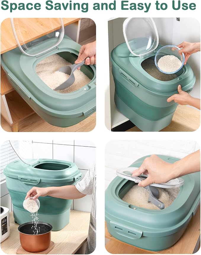20-50 Lbs Food Storage Containers,Collapsible Rice Container with Wheel Airtight Locking Lid,Flour Storage Container with Small Food Jar and Scoop,Suitable for Food,Rice,Pet Food,Flour