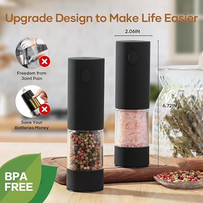 2 Pack Electric Salt and Pepper Grinder Set - USB Rechargeable Automatic Salt Pepper Mill Shaker with LED Light, Adjustable Coarseness, One Hand Operation