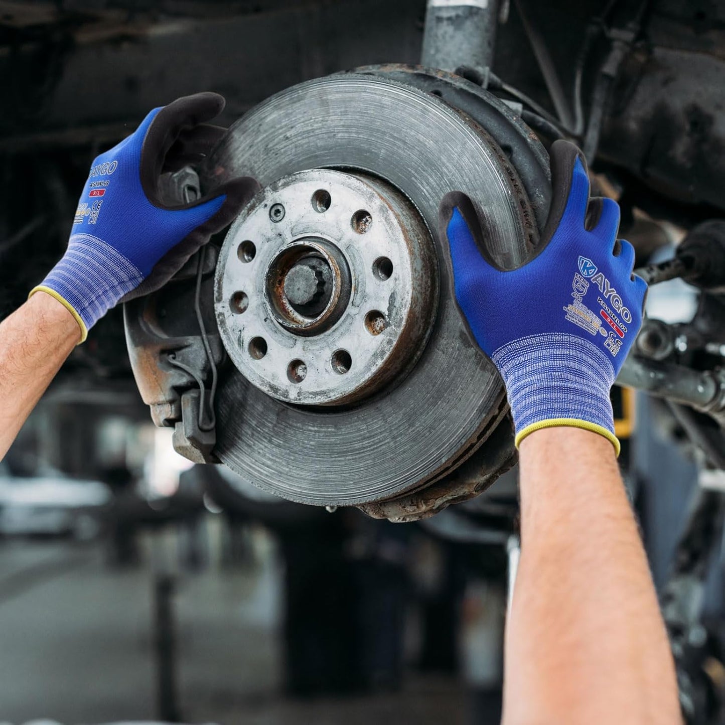 KAYGO Safety Work Gloves MicroFoam Nitrile Coated, 3 Pairs, KG18NB,Seamless Knit Nylon Glove with Black Micro-Foam Nitrile Grip,Ideal for General Purpose,Automotive,Home Improvement,Blue,S