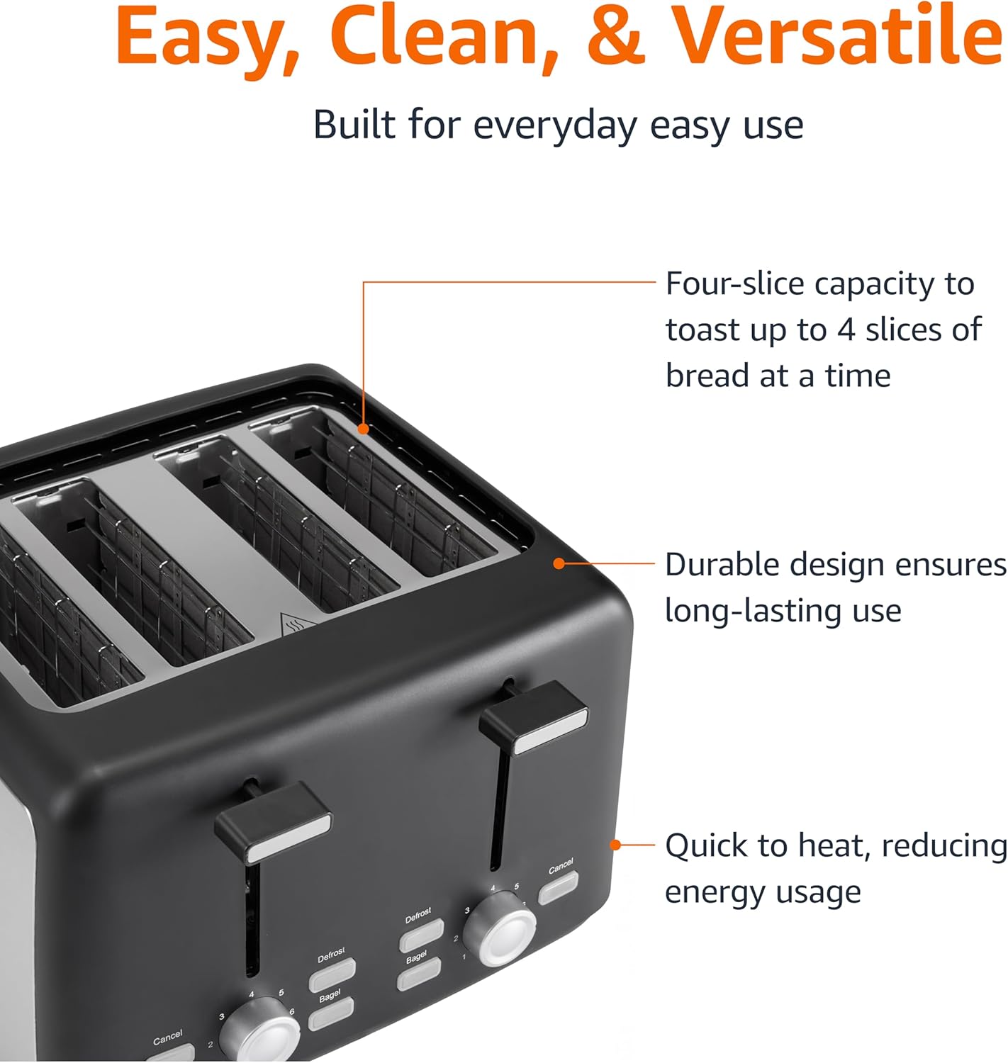 Amazon Basics 4 Slice Toaster, With 7 Browning Settings, Extra Wide Slots For Bagels and Special Breads, Removable Easy-to-Clean Crumb Trays, Cancel/Defrost/Bagel Buttons, 1500W, Black & Silver